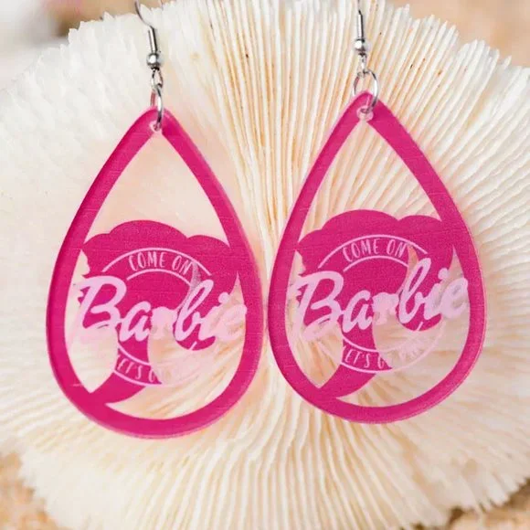 Barbie Come On Let's Go Party Pink Cold Shoulder Knit Top & Earrings Womens Size - Picture 6 of 14